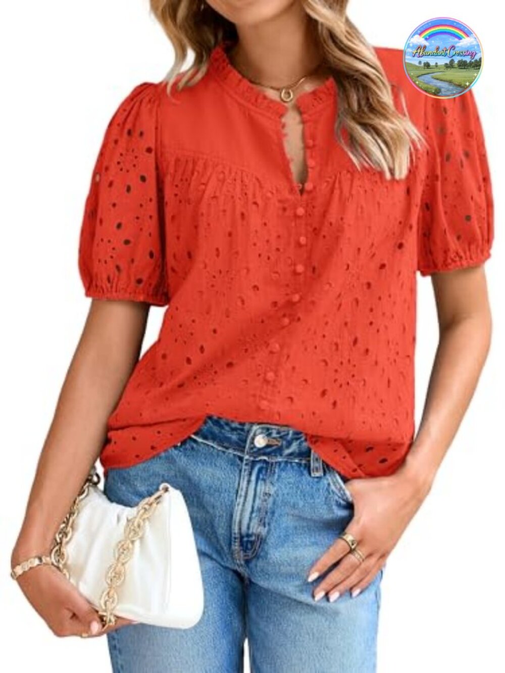 Women's 100% Cotton Eyelet Embroidered Puff Sleeve Button Down Blouse